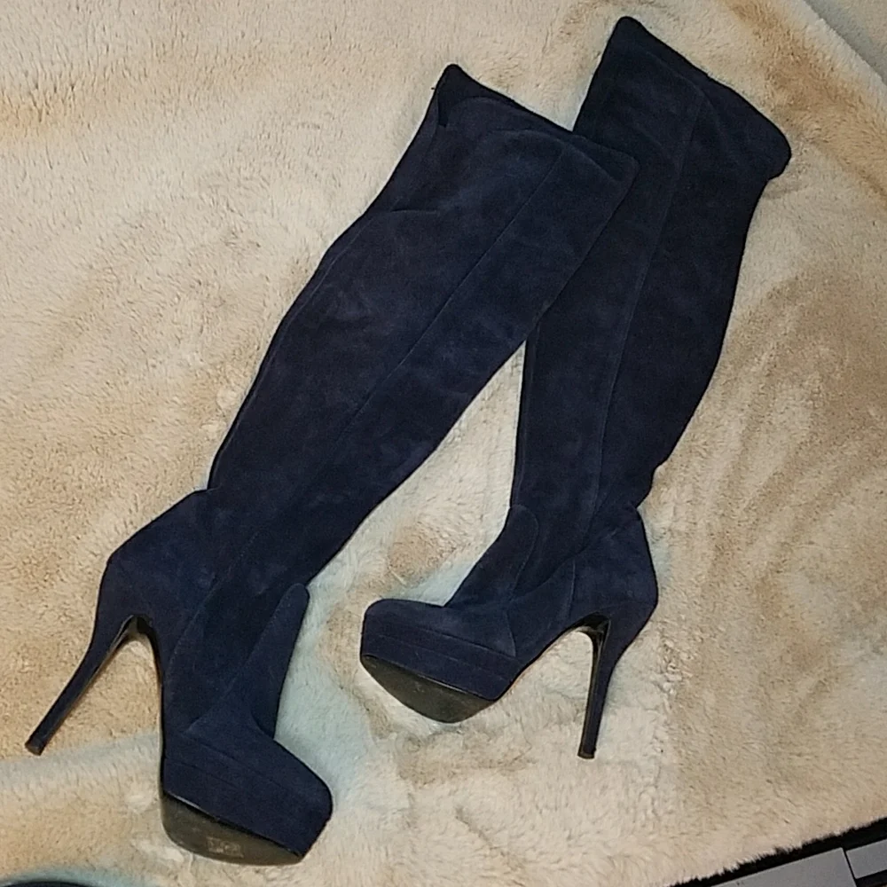 Primadonna Collection Platform Stiletto Thigh high OTK Boots Blue Suede ITALY
